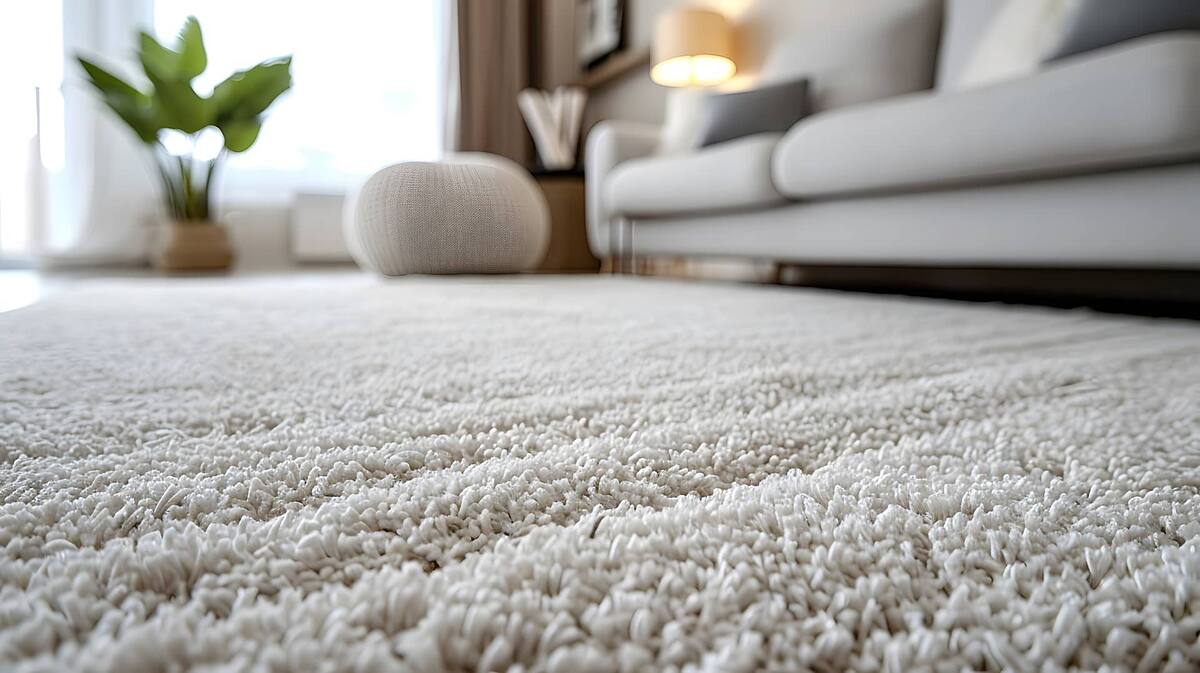 Close-up of clean, fluffy cream carpet in a living room